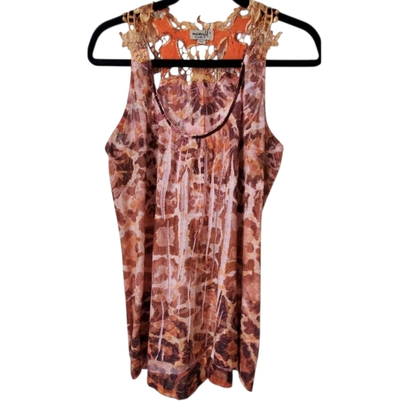 ONE WORLD Tops - One World Embroydered Graphic Halter Tank Top Orange And Brown Print Size L